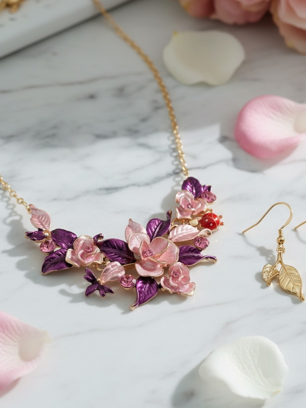 Womens Pink & Gold Tone Flower Pendant Necklace Earring Set